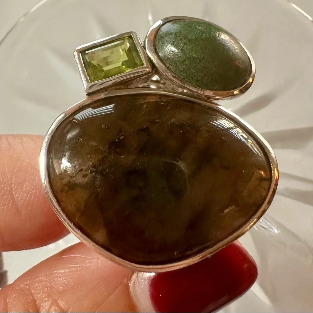 Elegant Labradorite, Peridot, Green Turquoise 925 Silver Cocktail Artisan Ring - Picture 3 of 15